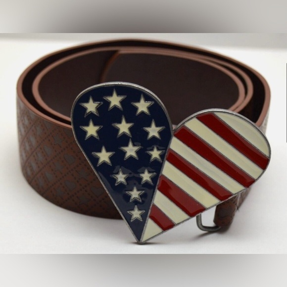 Accessories - Heart Shaped Stars Stripes Unisex Buckle Stars Hearts Brown Vegan Leather Belt